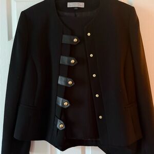 Tahari Black pantsuit with leather detail and Gold Accents